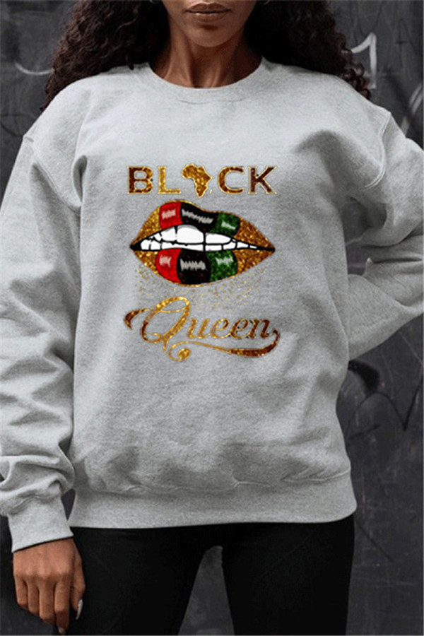 Gray Fashion Casual O Neck Long Sleeve Regular Sleeve Regular Lips Printed Tops