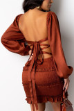 Wine Red Elegant Solid Backless Square Collar Pencil Skirt Dresses
