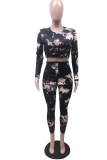 Black Casual Print Tie-dye O Neck Long Sleeve Two Pieces