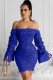 Navy Blue Sexy Bubble sleeves Long Sleeves V Neck Asymmetrical Knee-Length asymmetrical Solid Patchw