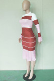Red Polyester Fashion Casual Europe and America Patchwork Print Hip skirt Long Sleeve Two Pieces