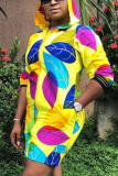Yellow Elegant Print Hooded Collar Outerwear