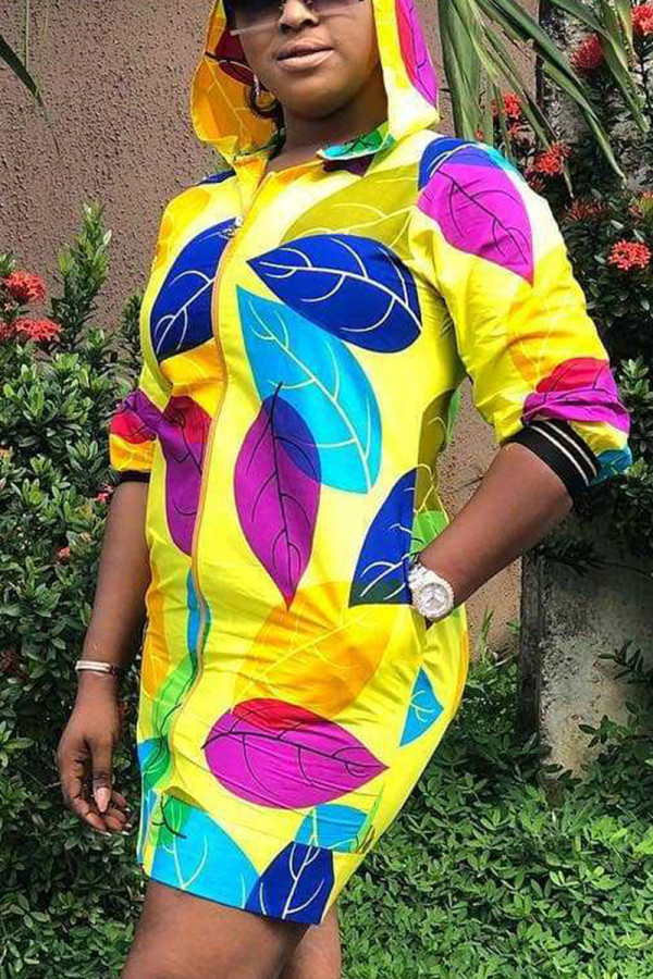 Yellow Elegant Print Hooded Collar Outerwear