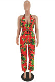 Red Fashion Sexy Print Backless V Neck Regular Jumpsuits