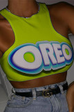 Pink O Neck Sleeveless Letter Print Character Tops