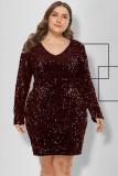 Navy Blue Blends adult Fashion Sexy V Neck Sequin Patchwork Embroidery Solid Stitching Plus Size Dress