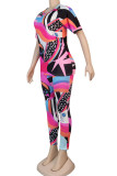colour venetian Fashion Casual adult Ma'am Print Two Piece Suits pencil Short Sleeve Two Pieces