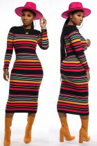 Black Fashion adult Casual Cap Sleeve Long Sleeves O neck Step Skirt Mid-Calf Print Striped