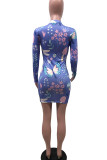 Baby Blue Casual Polyester Milk Fiber Print Butterfly Print O Neck Long Sleeve Mini A Line Dresses