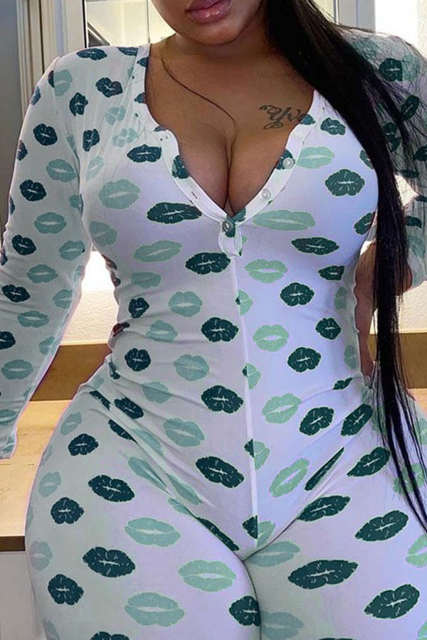 Green Polyester Fashion adult Ma'am OL O Neck Print Button Plus Size