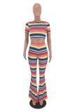 multicolor Polyester Casual Striped Print Boot Cut Short Sleeve Two-piece Pants Set