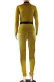 Yellow Sexy Solid Patchwork Polyester Long Sleeve O Neck Jumpsuits