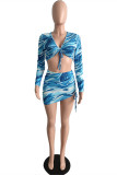 Blue Fashion Sexy Print Strap Design V Neck Long Sleeve Two Pieces