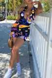 Black Fashion Sexy Print Backless Zipper Collar Skinny Romper