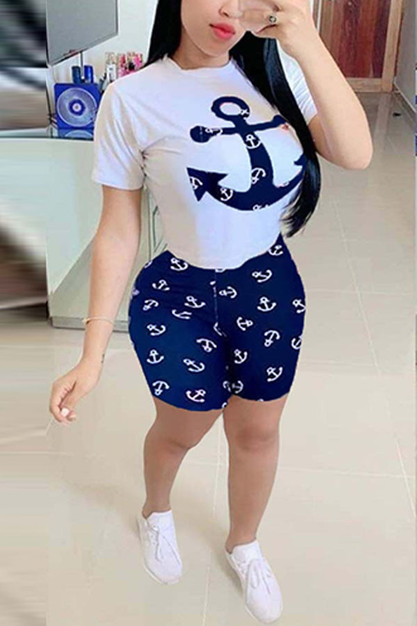 Blue Milk Silk Fashion Casual Print Two Piece Suits pencil Short Sleeve Two Pieces