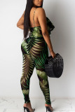 Dark green Fashion Casual Print Mesh Network Sleeveless V Neck Jumpsuits