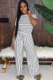White Fashion Casual adult Ma'am Striped Print Two Piece Suits Loose Short Sleeve Two Pieces