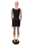Black Fashion Sexy Solid Hollowed Out Strap Design U Neck Vest Dress