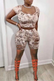 Multicolor Fashion Casual Print Basic Square Collar Short Sleeve Two Pieces