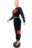 Apricot Street Solid Patchwork O Neck Long Sleeve Two Pieces