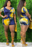 Yellow Cotton Casual V Neck Tie Dye Zippered Plus Size
