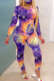 Yellow Fashion Sexy Adult Polyester Print Split Joint Tie-dye O Neck Long Sleeve Regular Sleeve Regular Two Pieces