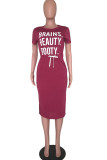 Wine Red Fashion Casual Black Grey Wine Red Cap Sleeve Short Sleeves O neck Pencil Dress Mid-Calf Print Character Dresses