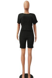 Black Cotton Fashion Casual adult Ma'am Patchwork Solid Two Piece Suits pencil Short Sleeve Two Pieces