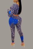 Red Sexy Leopard Split Joint One Shoulder Long Sleeve Two Pieces