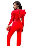 Red Fashion Sexy bandage Patchwork lace Solid Long Sleeve V Neck Jumpsuits