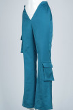 Blue Casual Solid Pocket Regular High Waist Speaker Bottoms
