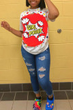 Red Casual Print Patchwork O Neck Tops