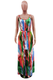 Green Sexy Print Split Joint Spaghetti Strap Straight Dresses