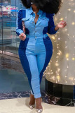 Blue Fashion Casual Patchwork Basic Turndown Collar Regular Jumpsuits