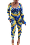 Blue Fashion Sexy Print Polyester Long Sleeve O Neck Jumpsuits