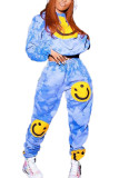 Blue Fashion Casual Street Polyester Character Print Tie-dye Pullovers Pants Hooded Collar Long Sleeve Regular Sleeve Regular Two Pieces