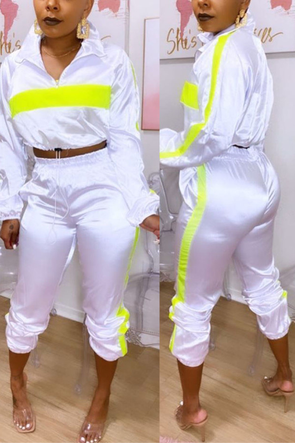 White Fashion Street Adult Spandex Patchwork Solid Split Joint Turndown Collar Long Sleeve Regular Sleeve Regular Two Pieces