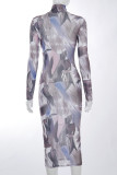 Multicolor Celebrities Print Patchwork See-through O Neck Pencil Skirt Dresses