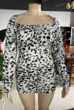 Black Sexy Square Collar Leopard Print Split backless Flare sleeve Plus Size