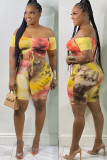 Yellow Fashion Sexy adult Ma'am One word collar Tie Dye Draped Two Piece Suits Draped Plus Size