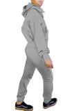 Grey Fashion Casual Adult Polyester Solid Ripped Split Joint Hooded Collar Long Sleeve Regular Sleeve Regular Two Pieces