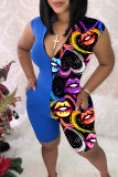 Blue Fashion Casual Print Patchwork Zipper Collar Skinny Romper