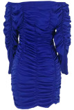 Navy Blue Sexy Bubble sleeves Long Sleeves V Neck Asymmetrical Knee-Length asymmetrical Solid Patchw