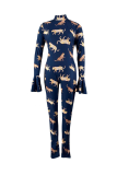 Blue Sexy Print Hollowed Out Half A Turtleneck Skinny Jumpsuits