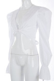 White Casual Solid Hollowed Out Patchwork Frenulum V Neck Mid Waist Tops