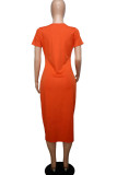 Orange Casual Solid Split Joint O Neck Irregular Dress Dresses