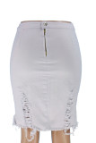 White Denim Elastic Fly High Solid Tassel Hole Asymmetrical Old Hip skirt Bottoms