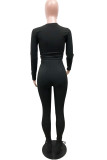 Black Fashion Casual Adult Solid Draw String Fold O Neck Long Sleeve Regular Sleeve Regular Two Pieces