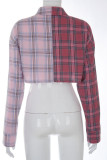 Pink Casual Plaid Patchwork Turndown Collar Mid Waist Tops