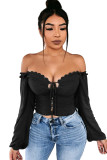 White V Neck Long Sleeve Patchwork crop top Solid